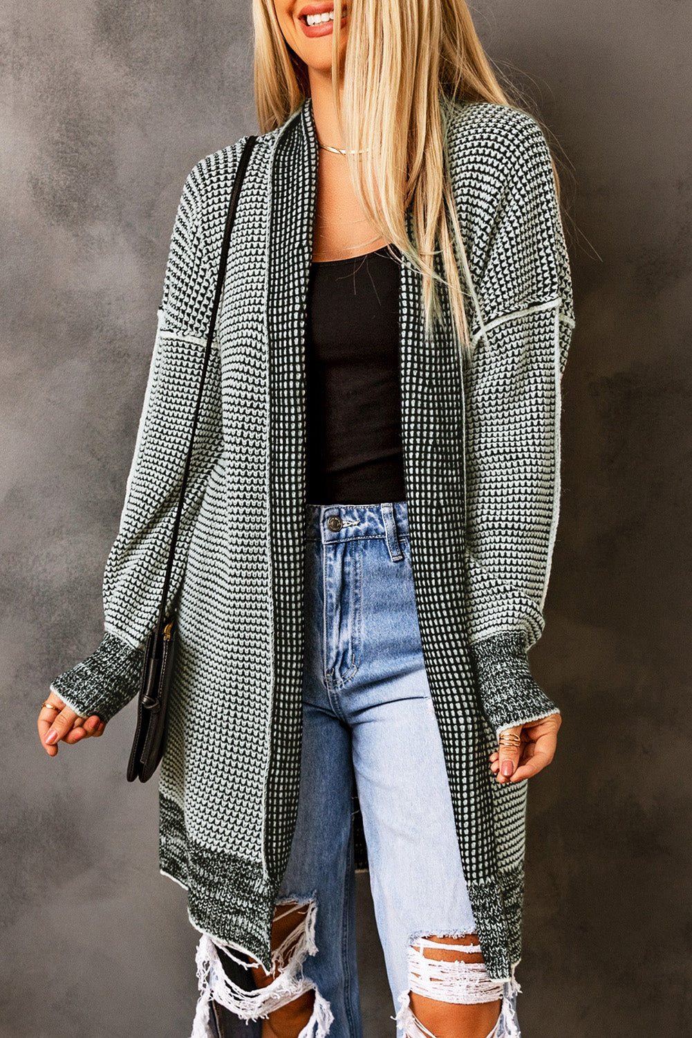 Gray Plaid Knit Long Cardigan