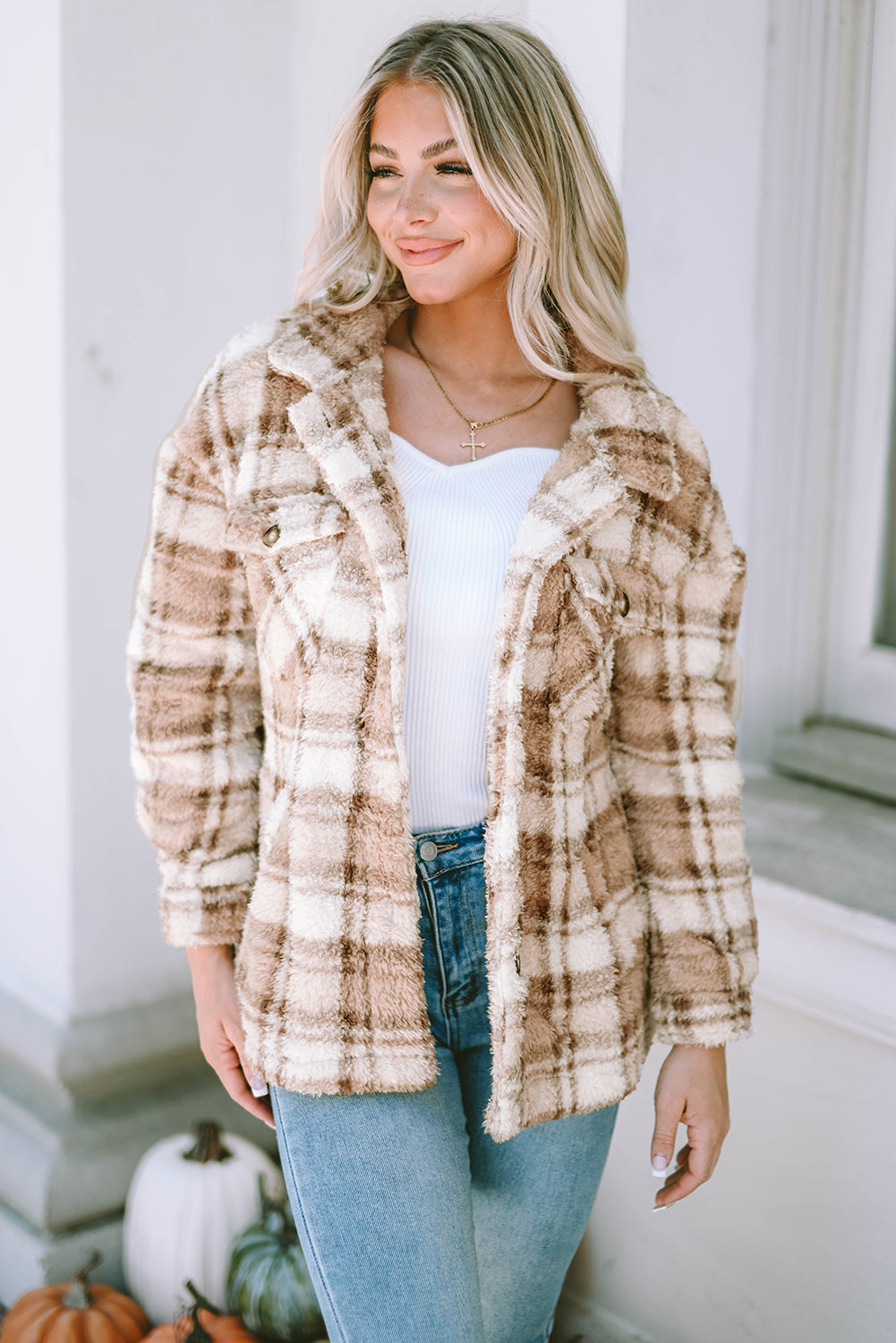 Khaki Sherpa Plaid Button Pocketed Jacket