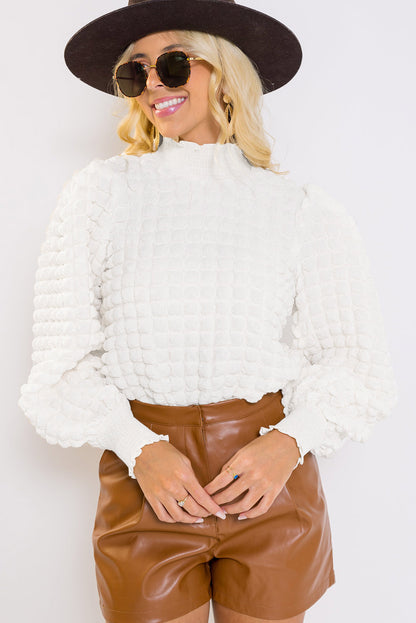 White Textured Smocked Mock Neck Puff Sleeve Top