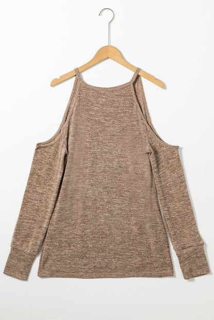 Khaki Marble Knit Cold Shoulder Long Sleeve Top