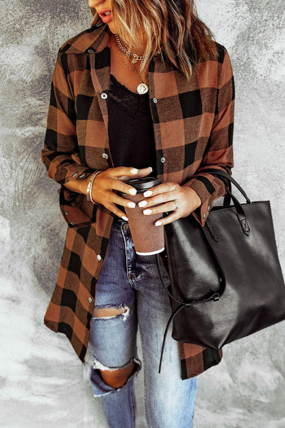 Brown Turn-down Collar Plaid Shirt Coat