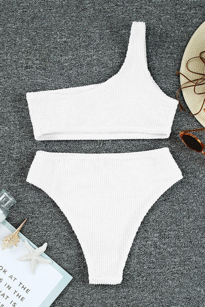 White Crinkle Asymmetric One-Shoulder Bikini