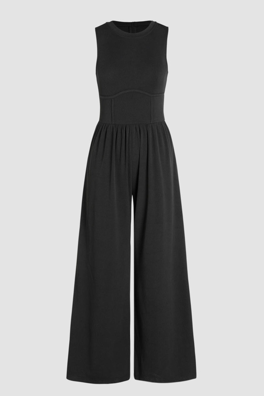 Black Cinched Waist Sleeveless Wide Leg Jumpsuit