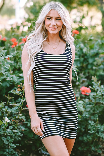 Black Stripe Ribbed Knit Mini Dress