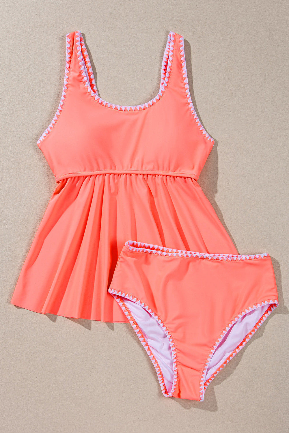 Fresh Salmon Contrast Trim Ruffled Peplum Top Tankini Swimsuit