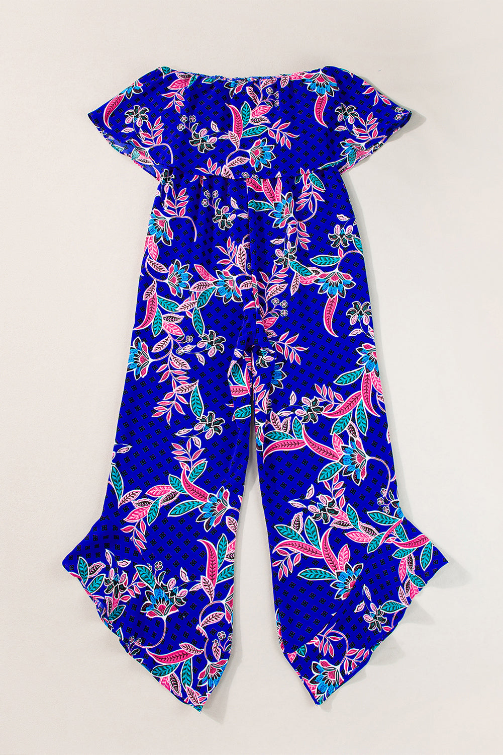 Blue Mix Tropical Print Strapless Ruffled Jumpsuit