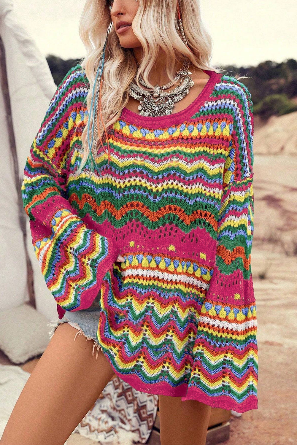 Rose Red Colorblock Striped Hollowed Knit Loose Sleeve Sweater