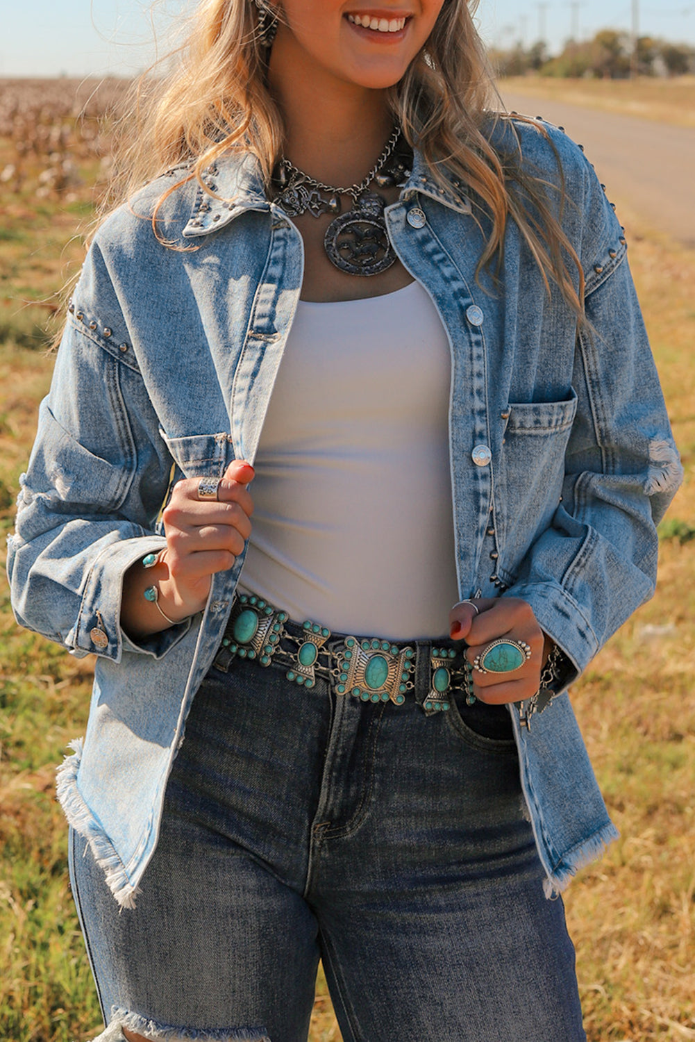 Sky Blue Studded Acid Wash Denim Jacket