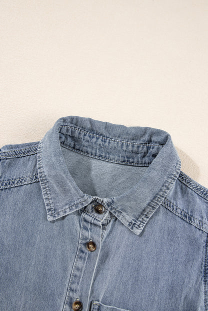 Beau Blue Frayed Ruffle Sleeve Denim Shirt