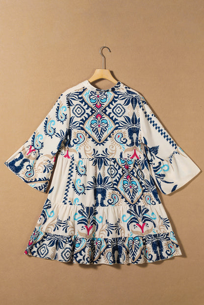 White Tribal Print Buttoned Mini Dress