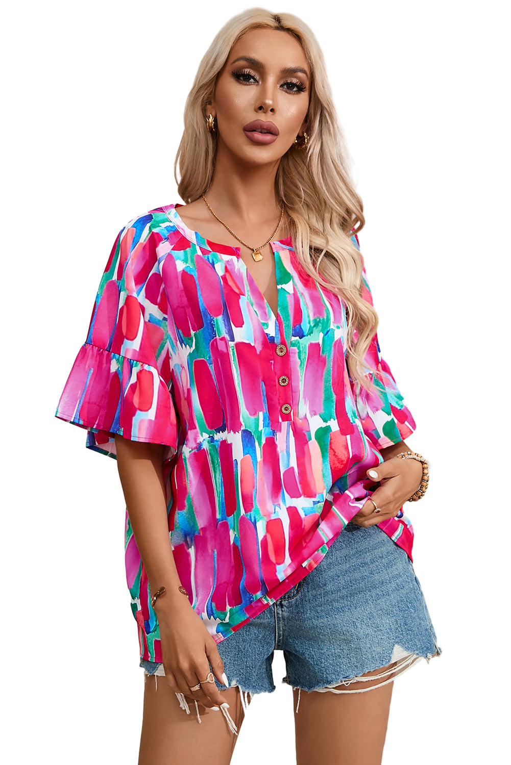 Rose Abstract Brushwork Print Buttoned V Neck Blouse