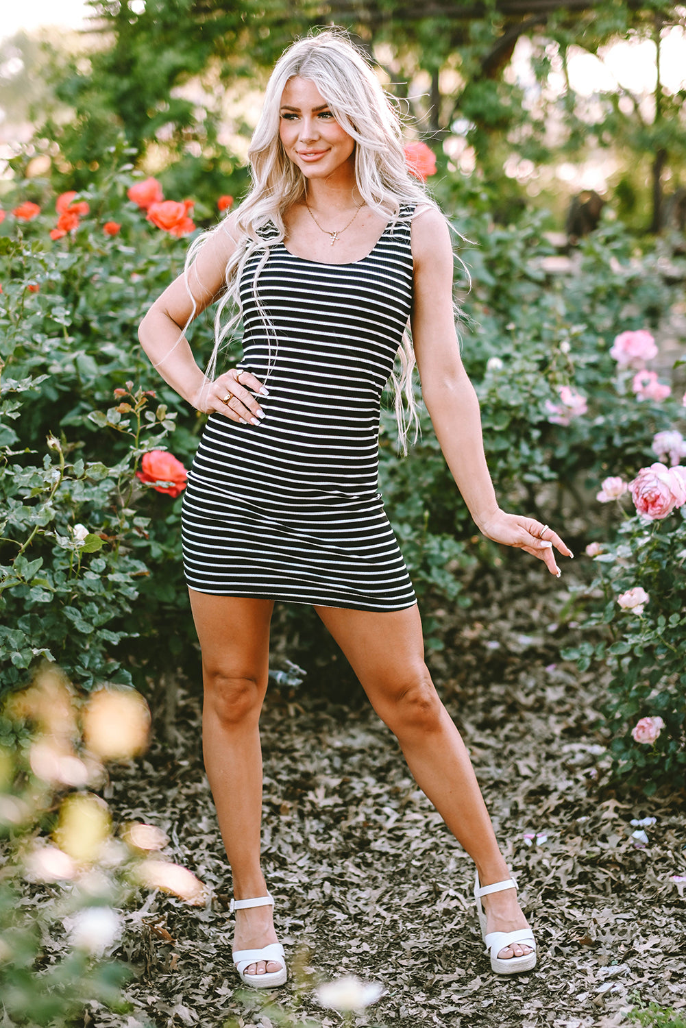 Black Stripe Ribbed Knit Mini Dress