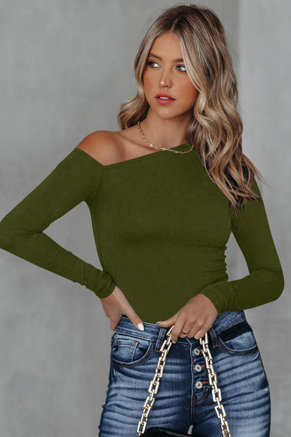 Green Asymmetrical Neckline Long Sleeve Knit Top