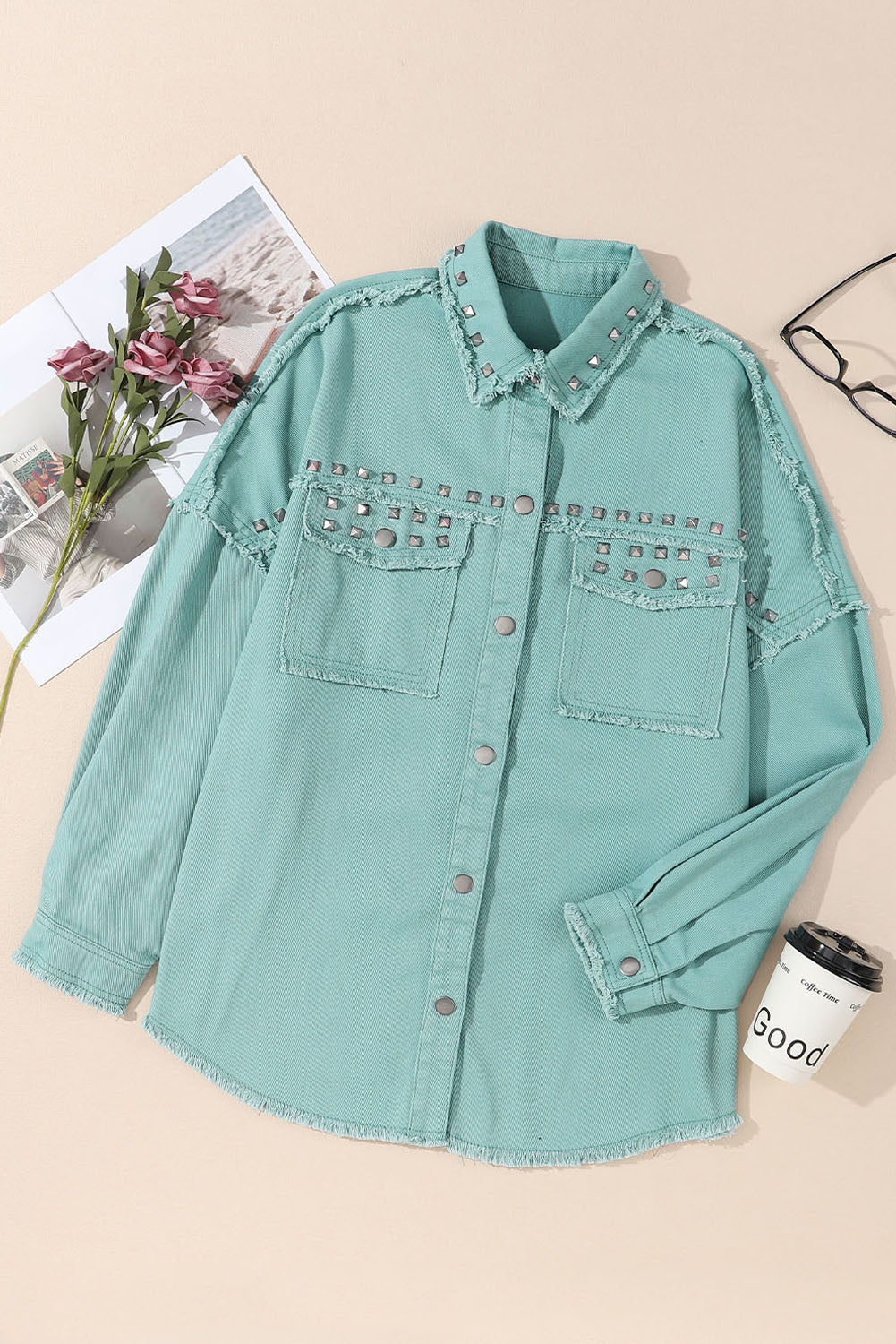 Mist Green Frayed Trim Riveted Denim Jacket