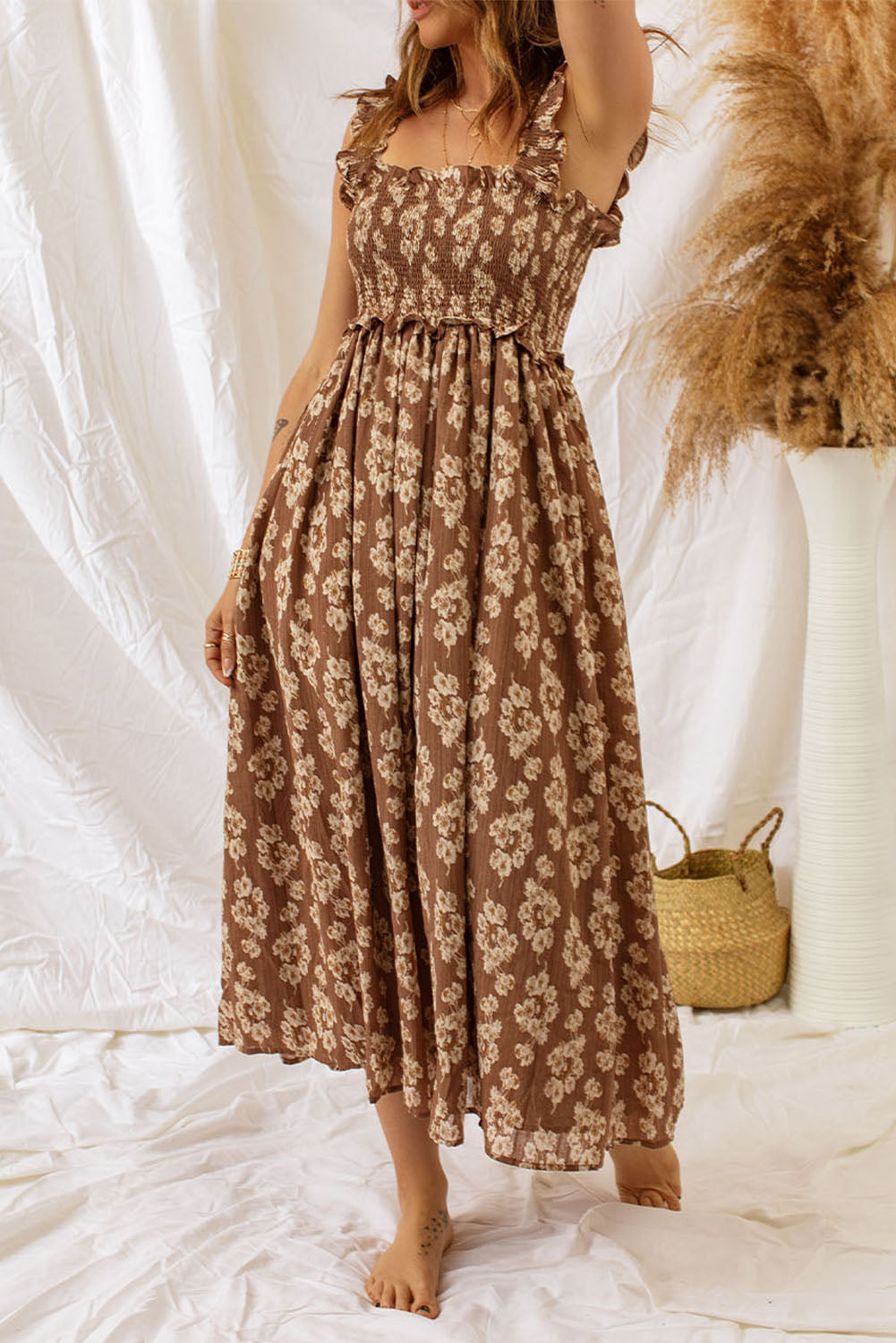 Brown Ruffled Floral Maxi Dress