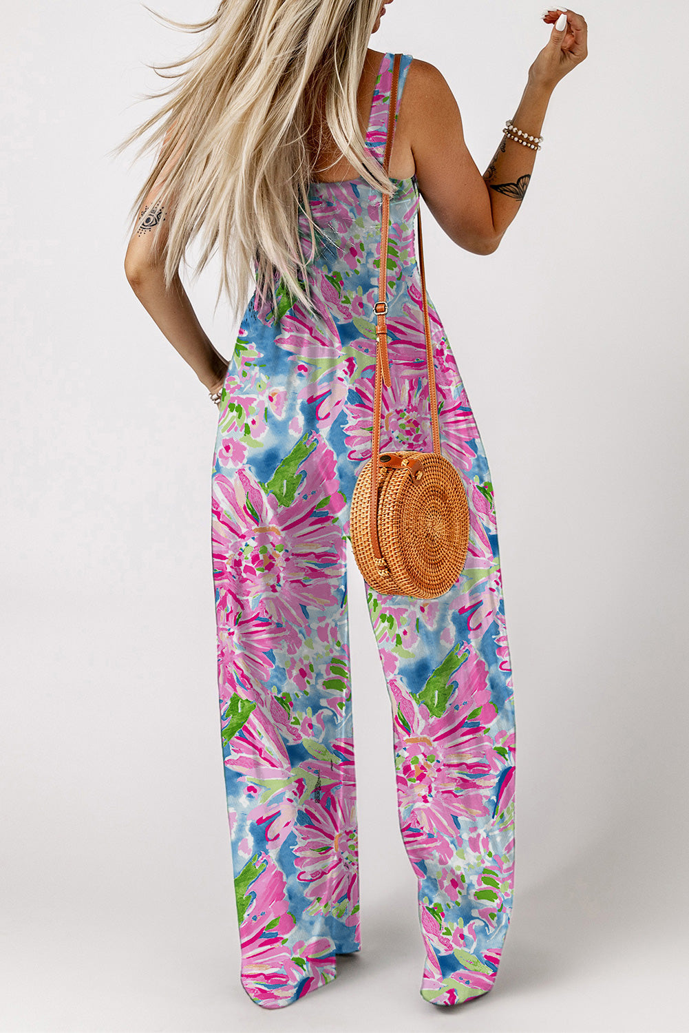 Pink Abstract Floral Painting Wide Leg Jumpsuit