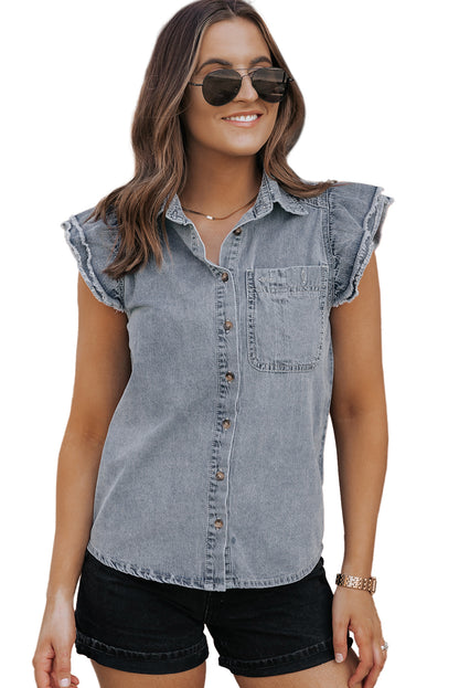 Beau Blue Frayed Ruffle Sleeve Denim Shirt