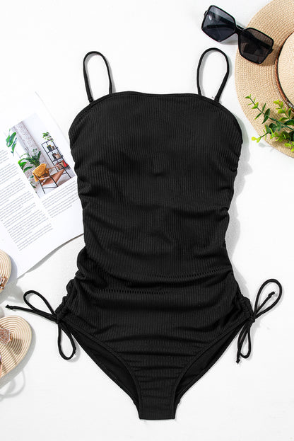 Black Ribbed Sides Cutout One Piece Swimsuit