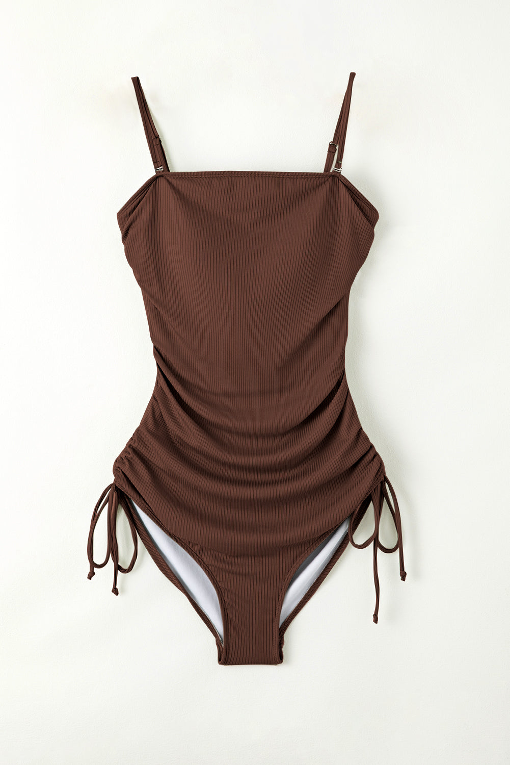 Coffee Ribbed Drawstring Sides Cutout One Piece Swimsuit