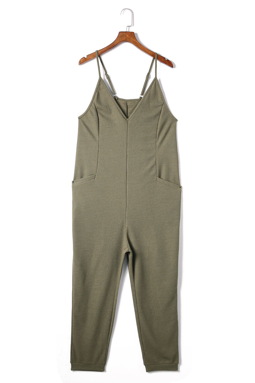 Green Textured Sleeveless V-Neck Jumpsuit