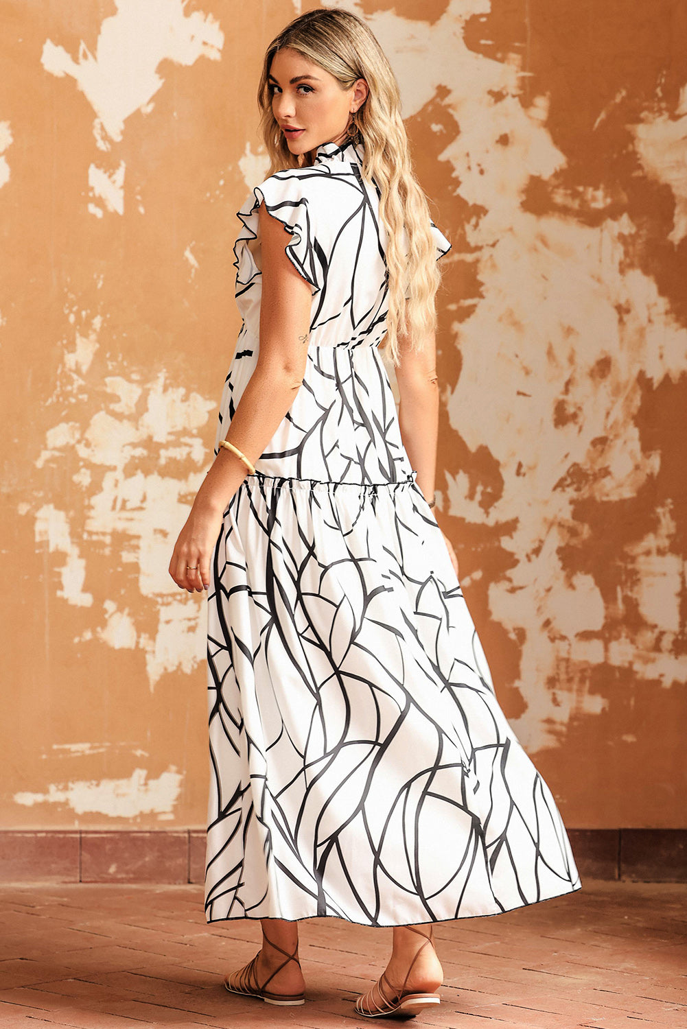 White Abstract Vein Print V Neck Ruffle Maxi Dress