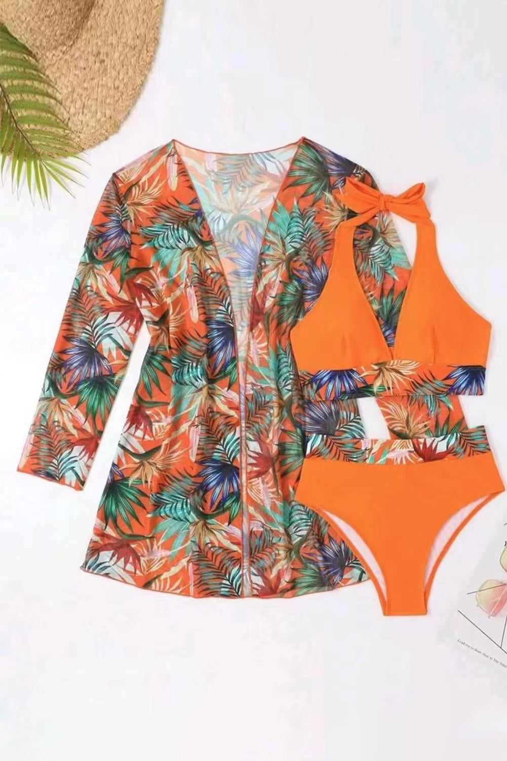 Carrot Tropical Halter Bikini Set with Cover up