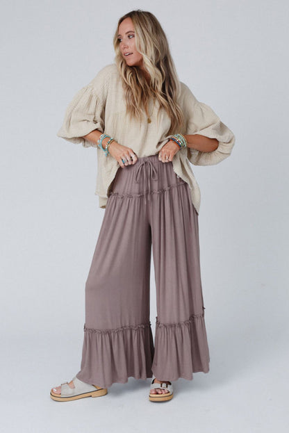 Khaki Frilled High Waist Wide Leg Pants