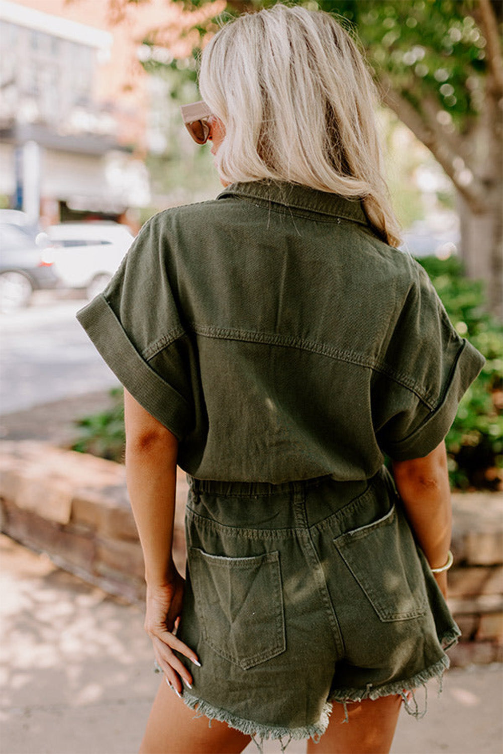 Moss Green Distressed Frayed Denim Romper