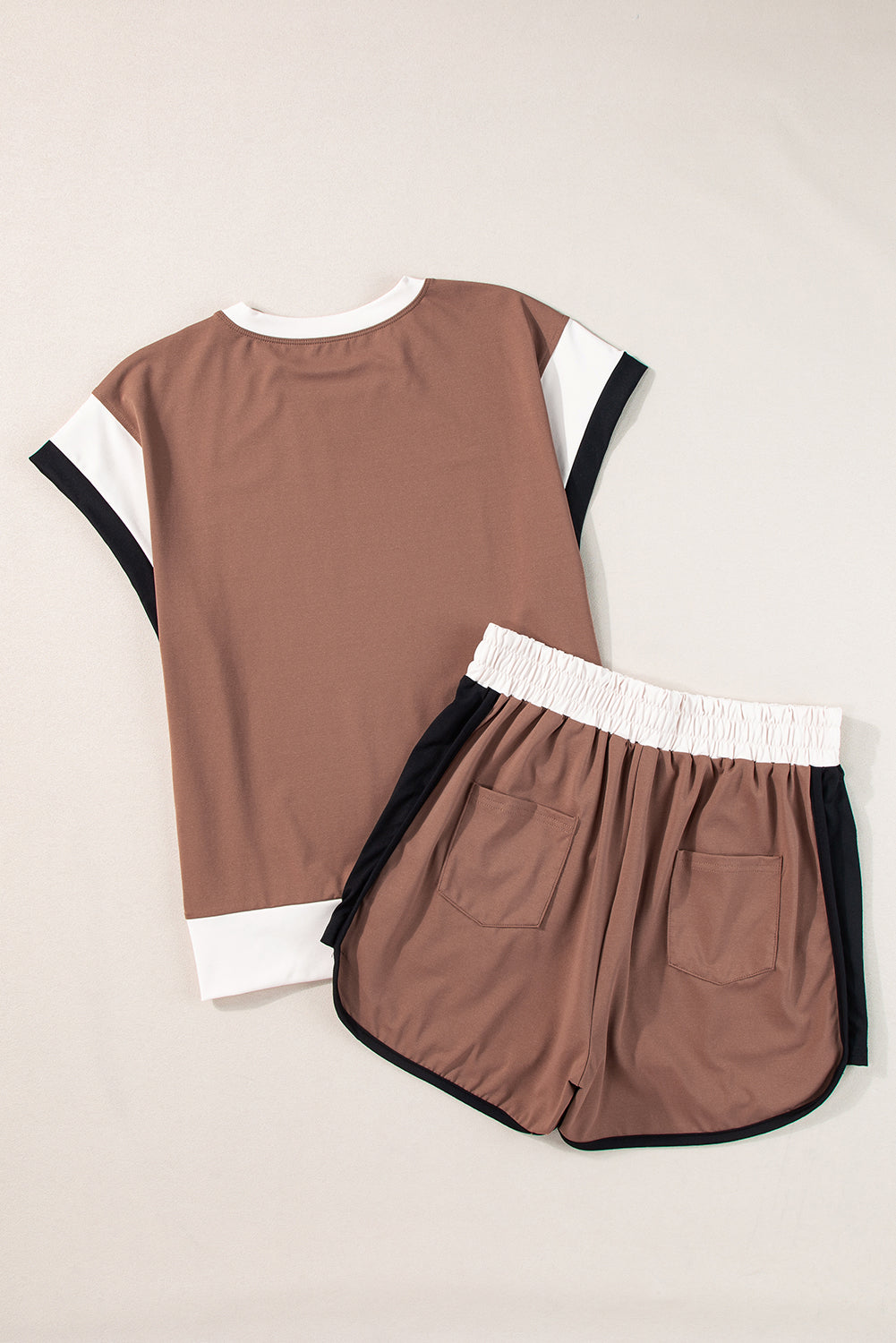 Coffee Contrast Trim Cap Sleeve Tee Shorts Set