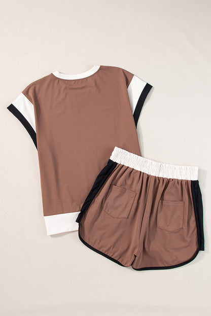 Coffee Contrast Trim Cap Sleeve Tee Shorts Set