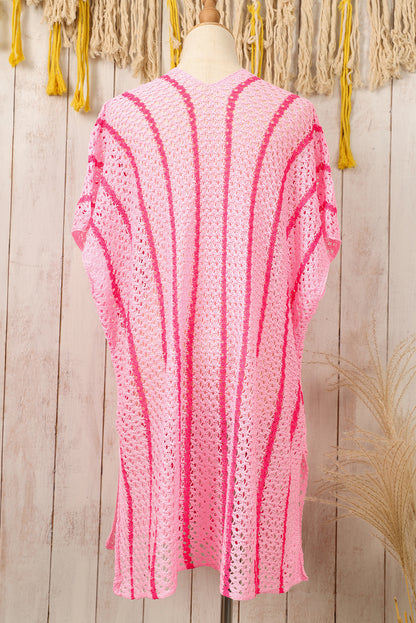 Pink Striped Crochet Neck Beach Cover Up