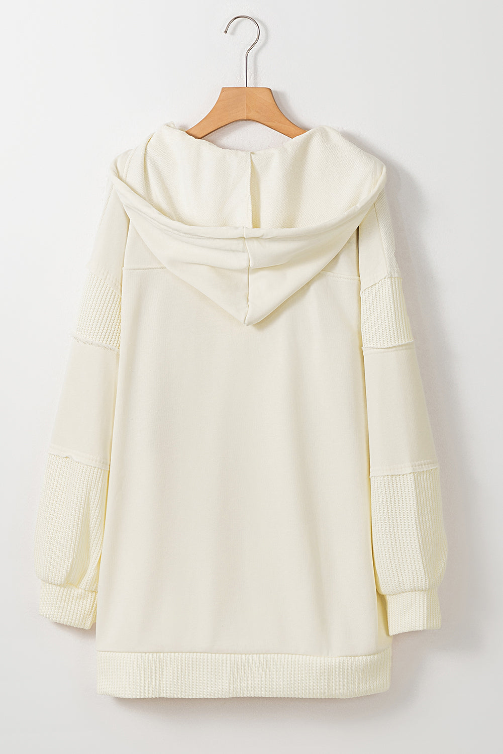 Beige Contrast Knit Patchwork Hooded Functional Coat