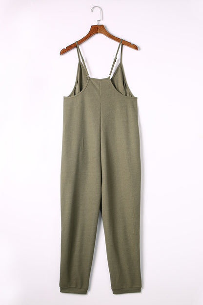 Green Textured Sleeveless V-Neck Jumpsuit