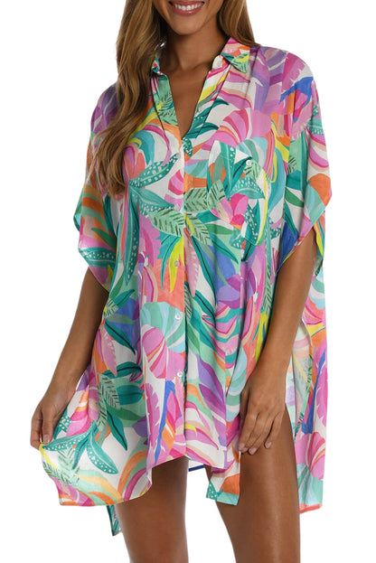 Multicolor Plant Print Button-up Half Sleeve Beach Cover Up