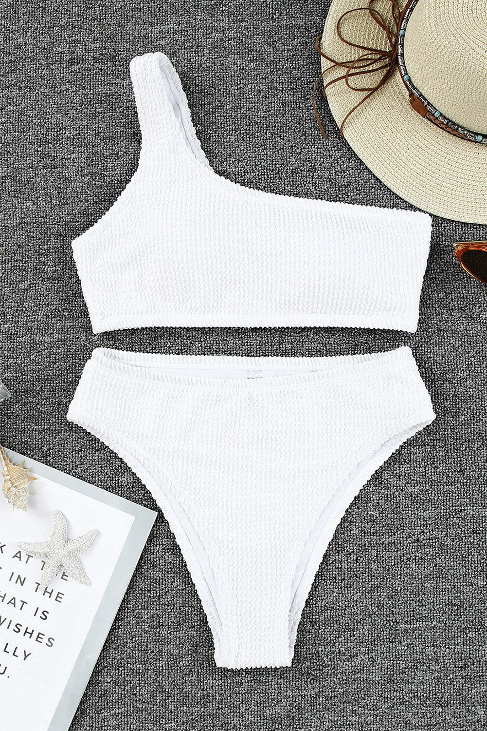 White Crinkle Asymmetric One-Shoulder Bikini