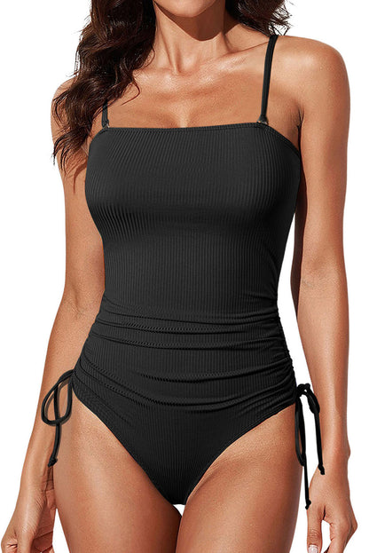 Black Ribbed Sides Cutout One Piece Swimsuit