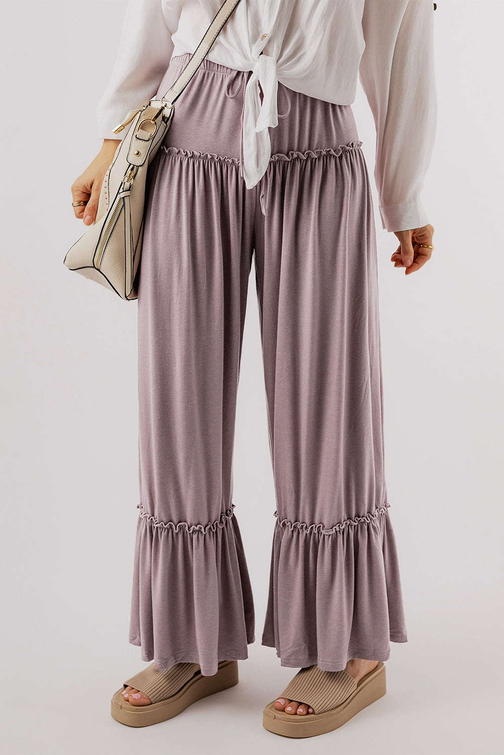 Khaki Frilled High Waist Wide Leg Pants