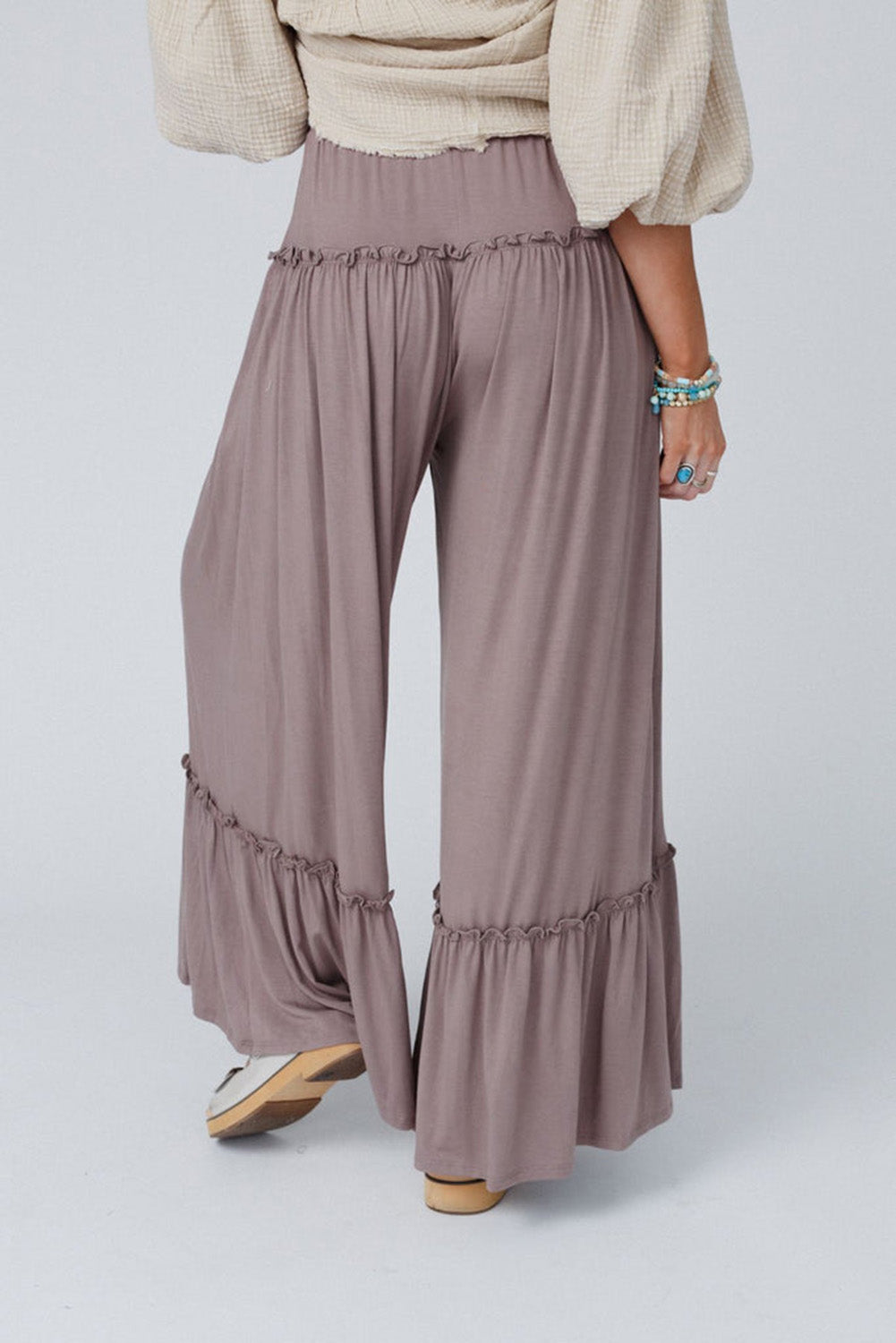 Khaki Frilled High Waist Wide Leg Pants