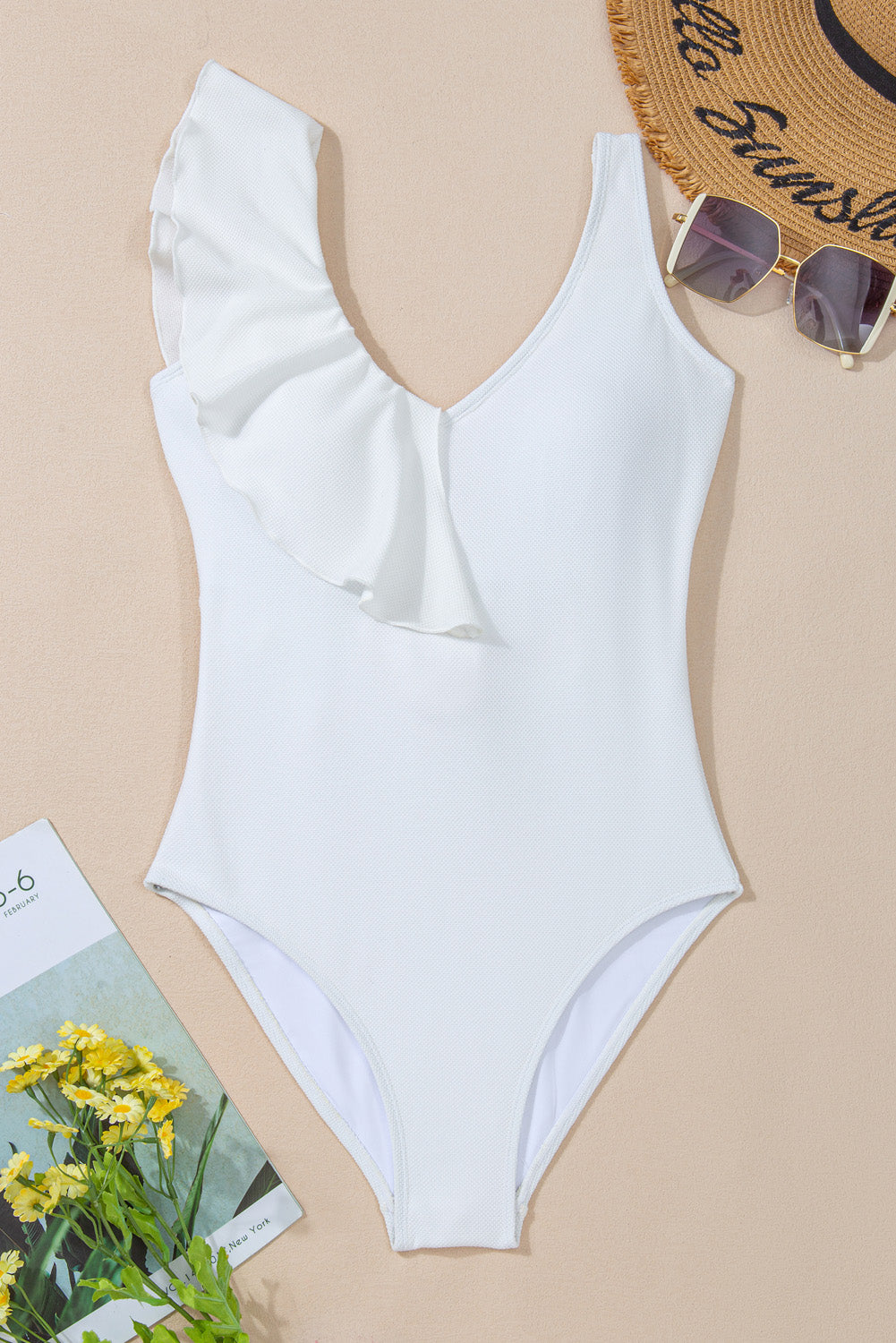 White Asymmetric Ruffle Tie Waist Swimsuit