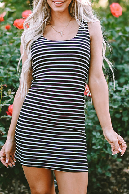 Black Stripe Ribbed Knit Mini Dress