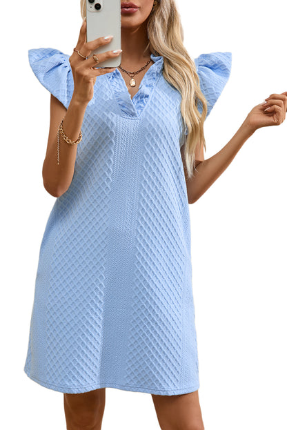 Light Blue Textured Puff Sleeve Ruffled V Neck Shift Mini Dress