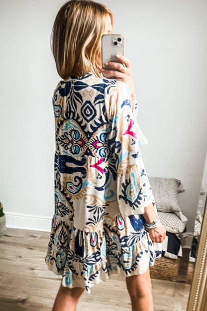 White Tribal Print Buttoned Mini Dress