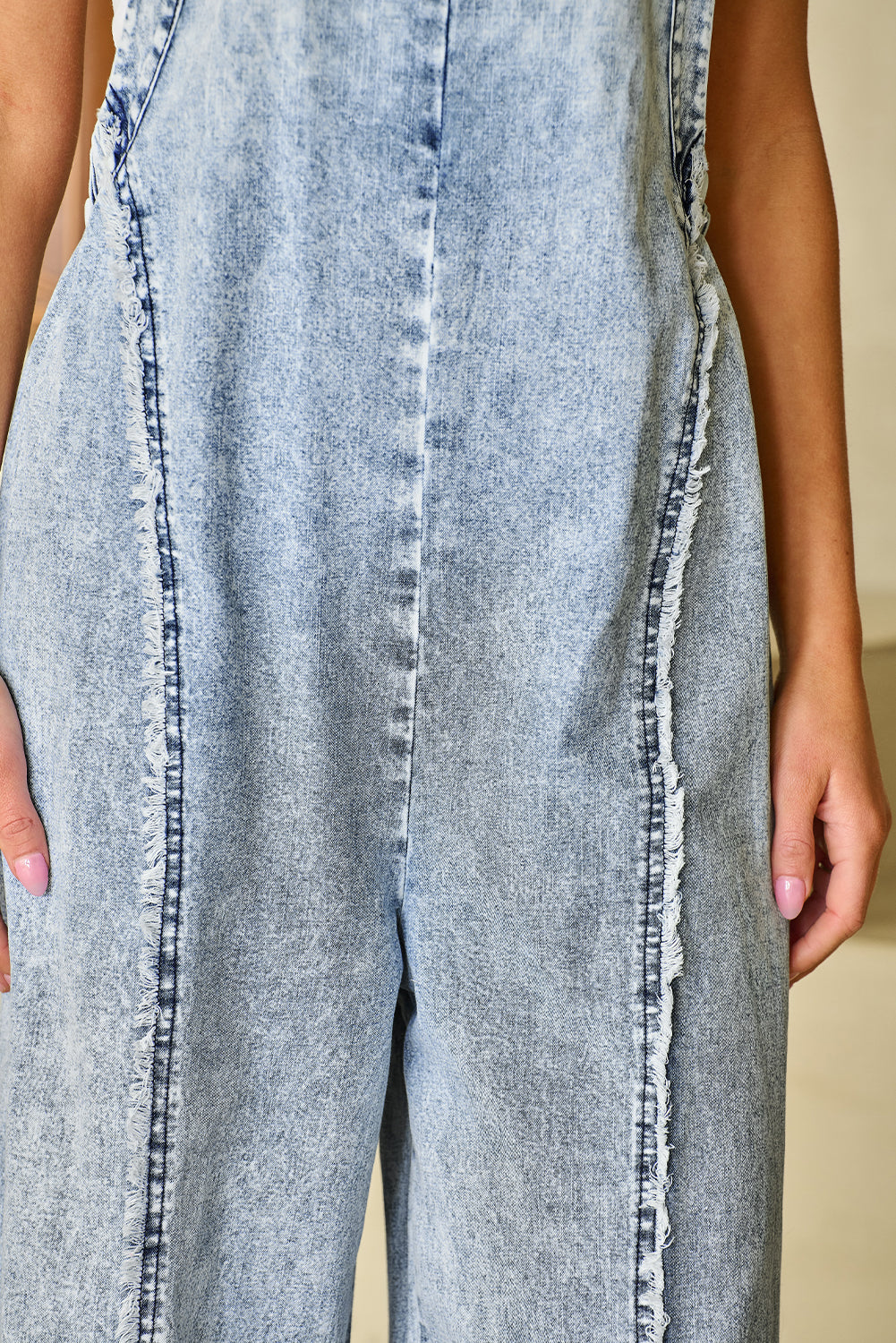 Beau Blue Light Wash Frayed Exposed Seam Wide Leg Denim Overall