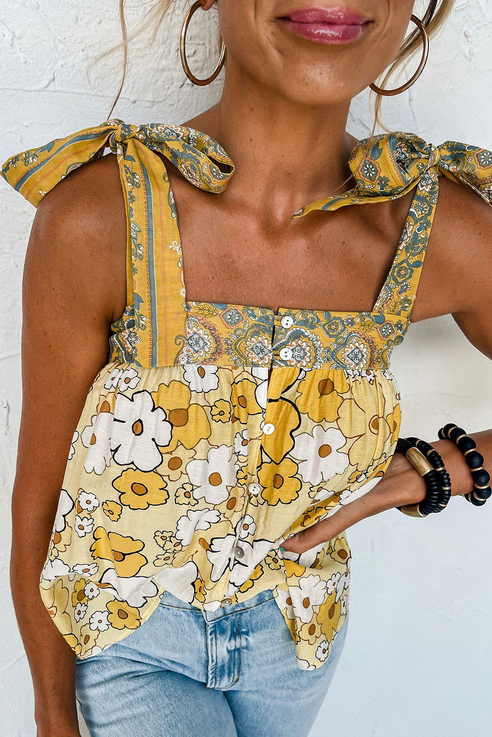 Yellow Floral Patchwork Tied Straps Buttoned Tank Top