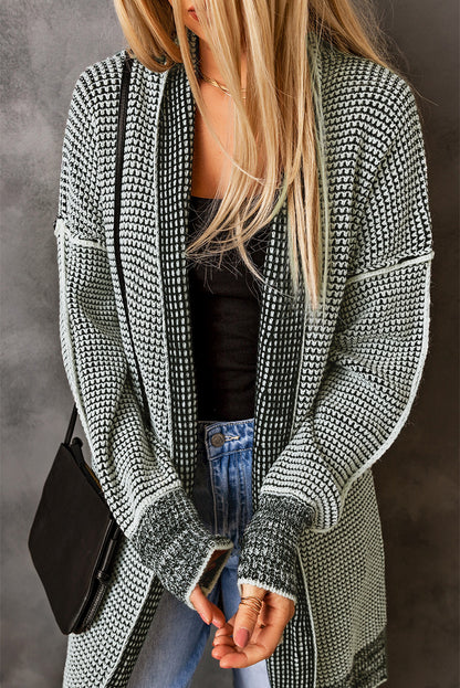 Gray Plaid Knit Long Cardigan