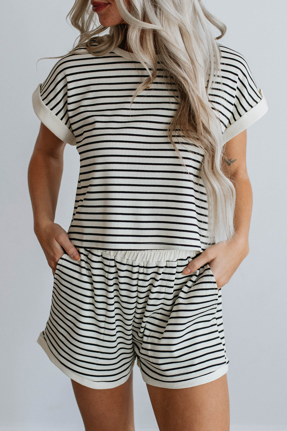 White Stripe Contrast Edge Tee and Shorts Set