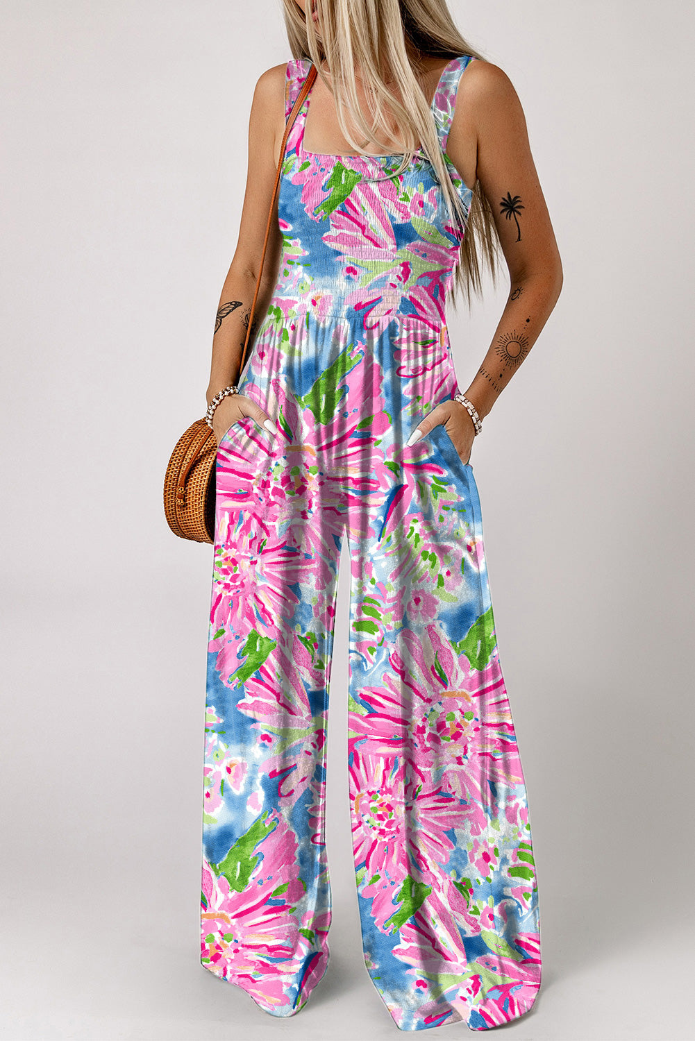 Pink Abstract Floral Painting Wide Leg Jumpsuit