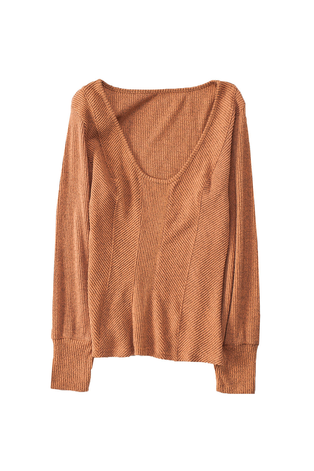 Brown U Neck Textured Long Sleeve Top