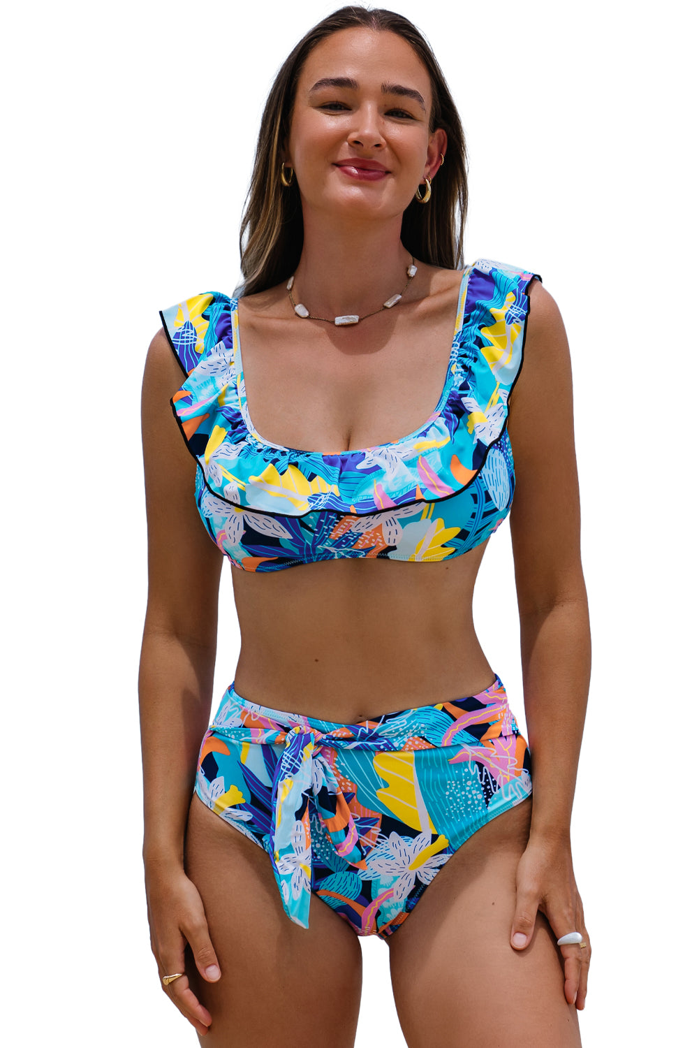 Green Tropical Print Ruffled High Waist Swimsuit