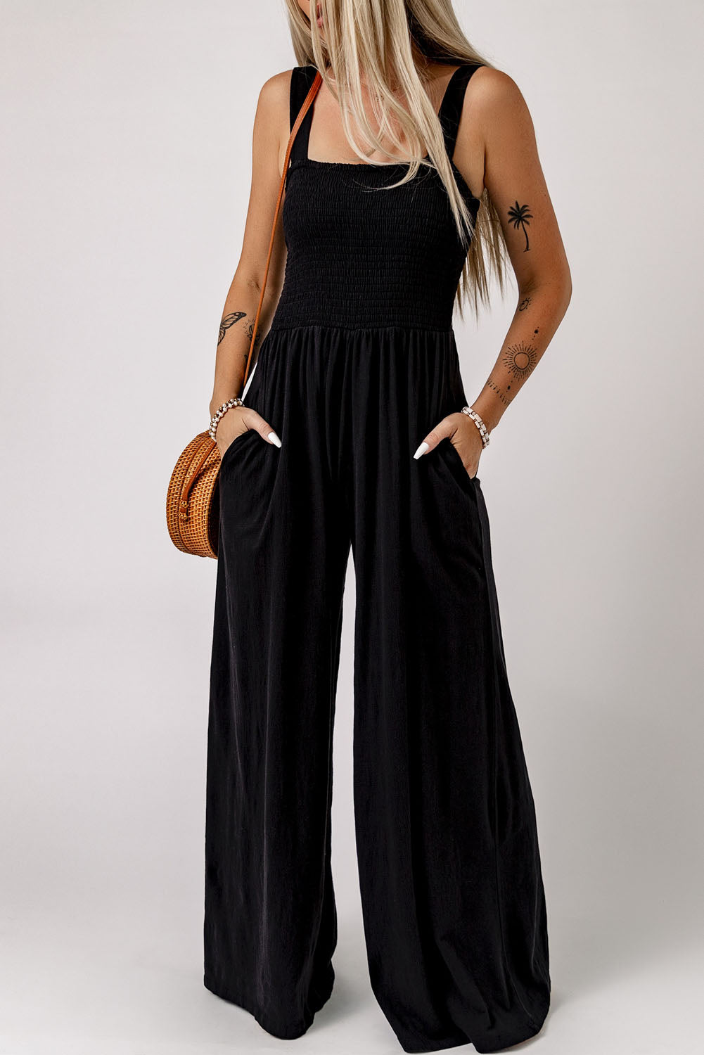 Black Smocked Sleeveless Wide Leg Jumpsuit